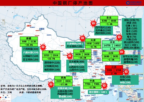 中国钢厂停产地图.数据来源:中国联合钢铁网